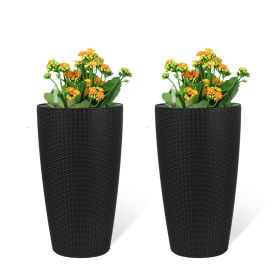 Set of 2 Faux Rattan Tall Planters Outdoor Indoor Large Planters with Water Level Monitor Inner Bucket, Automatic Watering