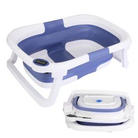 Baby Bath Tub with Thermometer Collapsible Travel-Friendly 0-24Months Baby Bathtub with Drain Hole For Newborn Infant Toddler Odorless Non-Toxic