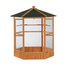 69" Wooden Hexagonal Outdoor Aviary Flight Bird Cage With Covered Roof, Brown (Option: Brown-880x150x790 mm)