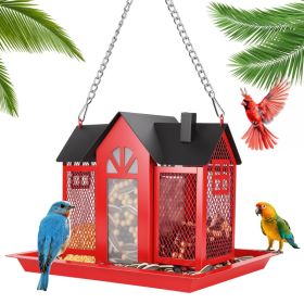 1Pc  Metal Hanging Bird Feeder House Classic Barn Bird Feeder House Iron Hanging Outdoor Feeder With Visible Window And Lift Top Lid 15.75in Hang (Option: Red)